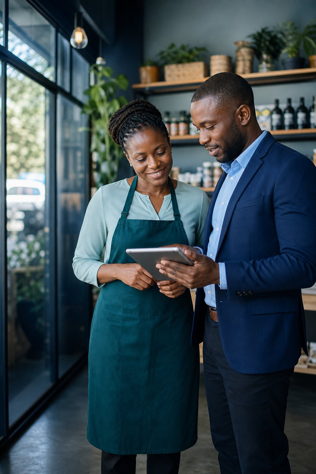 Kenyan SME business owner and SACCO loan officer reviewing financial information on a tablet